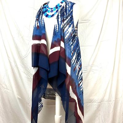 112 Blue, White, Burgundy Shawl/ Wrap with Beaded Necklace and Blue Tinted Sunglasses
