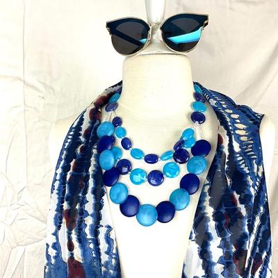 112 Blue, White, Burgundy Shawl/ Wrap with Beaded Necklace and Blue Tinted Sunglasses