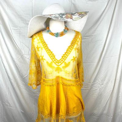 113 Yellow Lace Pullover with Beaded Necklace and Floral Sunhat