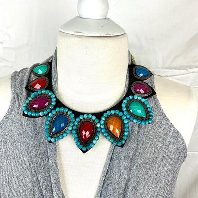 115 Grey Jersey Knit Shawl Wrap with Multi Colored Necklace and Clutch