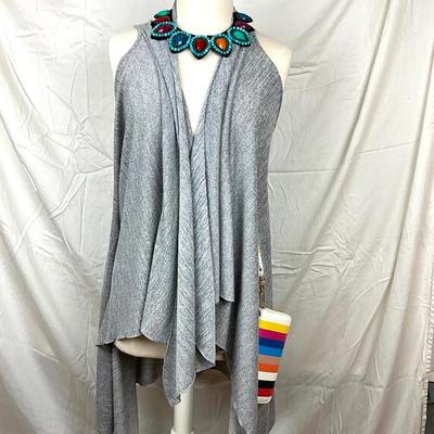 115 Grey Jersey Knit Shawl Wrap with Multi Colored Necklace and Clutch