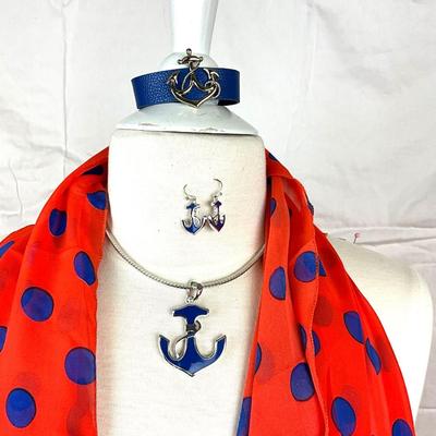 116 Anchor's Away Polka Dot Shawl with Anchor Necklace, Earrings and Cuff Bracelet