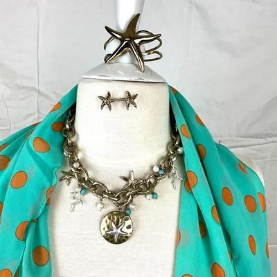 118 Green and Gold Polka Dot Shawl with Starfish Jewelry Lot