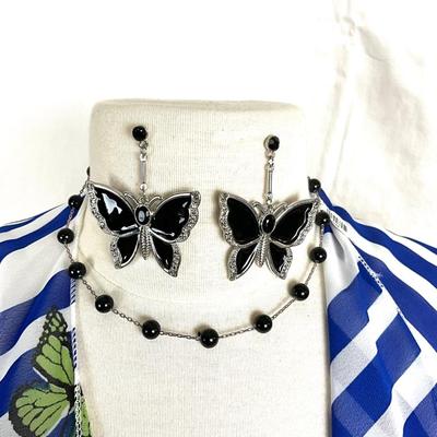 119 Butterfly Shawl/ Wrap with Black Silvertone Butterfly Earrings and Black Beaded Necklace