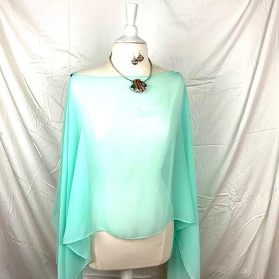 120 Mint Green Shawl/Wrap with Enameled Seashell Necklace Lot