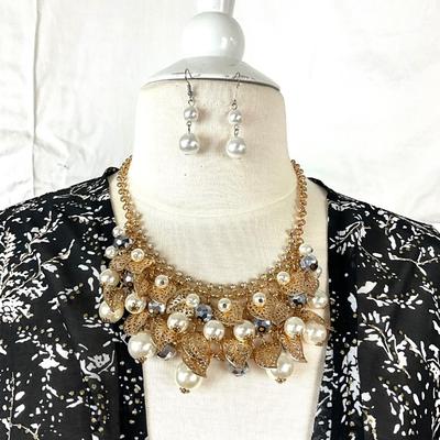 122 Black and White Wrap/ Coverup with Gold Specks, Gold and Pearl Necklace with matching earrings