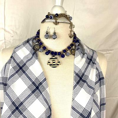 124 Blue and White Wrap with Nautical Necklace, Bracelet , and Earrings