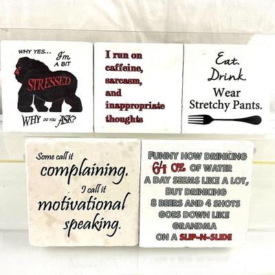 138 Tipsy Stone Coasters with Quirky Sayings  set of 5
