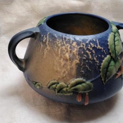 Roseville Fuchsia Blue 1938 Vintage Art Pottery Handled Ceramic Bowl Vase 346-4