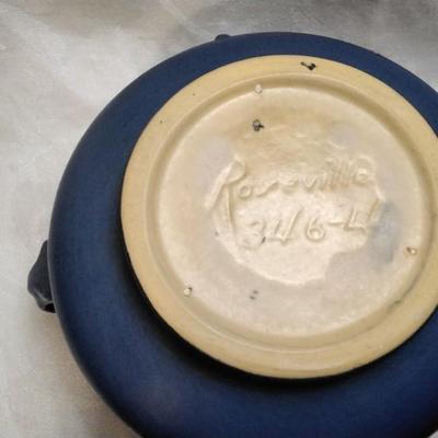 Roseville Fuchsia Blue 1938 Vintage Art Pottery Handled Ceramic Bowl Vase 346-4