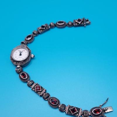 Vtg. Sterling Silver Garnet Marcasite Watch