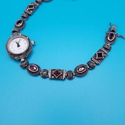 Vtg. Sterling Silver Garnet Marcasite Watch