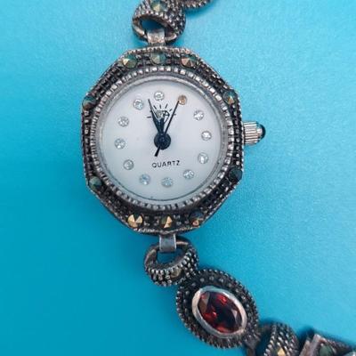 Vtg. Sterling Silver Garnet Marcasite Watch