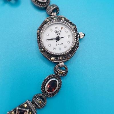 Vtg. Sterling Silver Garnet Marcasite Watch