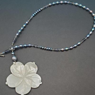 Mother of Pearl carved flower and baroque pearl necklace