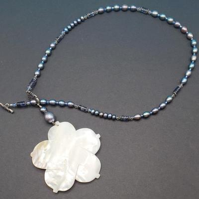 Mother of Pearl carved flower and baroque pearl necklace