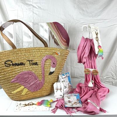 149 Flamingo Lot with Scarf, Keychain, Straw Bag, Visor, Shoe Charms