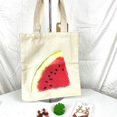 152 Watermelon Canvas Bag, Hair-clip, Two Pairs of Beaded Earrings, Watermelon Key Chains