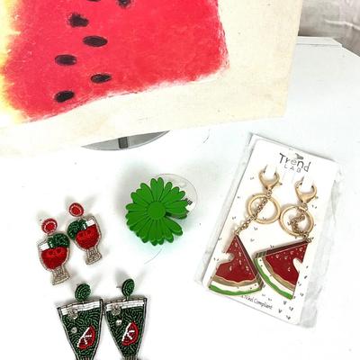152 Watermelon Canvas Bag, Hair-clip, Two Pairs of Beaded Earrings, Watermelon Key Chains