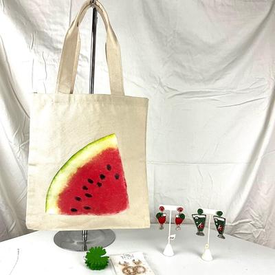 152 Watermelon Canvas Bag, Hair-clip, Two Pairs of Beaded Earrings, Watermelon Key Chains