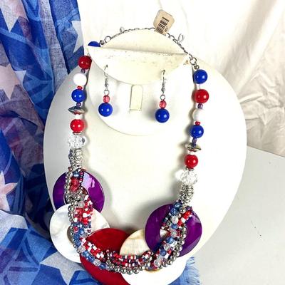 155 Red, White and Blue Scarf with Statement Necklace and Earrings
