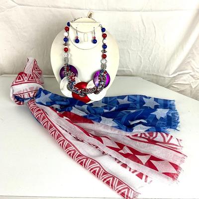 155 Red, White and Blue Scarf with Statement Necklace and Earrings