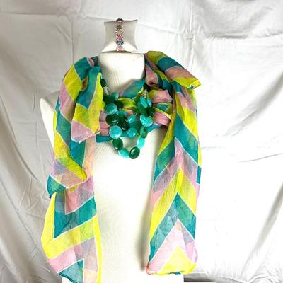 157 Pink, Green, Yellow Scarf with Green Statement Necklace and Flower Stretch Bracelet