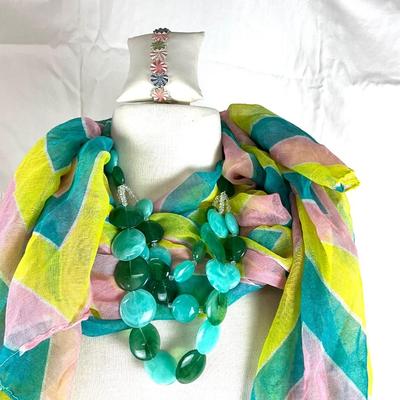 157 Pink, Green, Yellow Scarf with Green Statement Necklace and Flower Stretch Bracelet