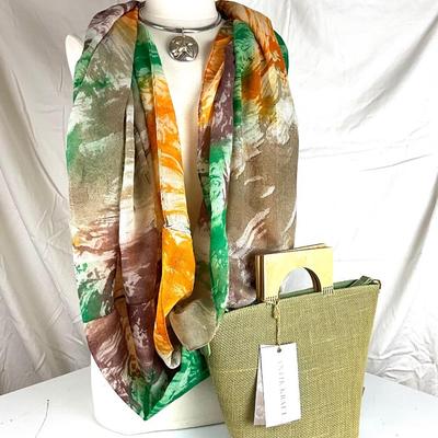 158 Green Grass Bag (AS-IS) with Infinity Scarf , Sand Dollar Necklace and Earring Set