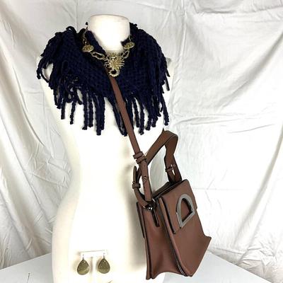 160 Dark Royal Blue Tube Infinity Scarf with Fringe, Brown Hand Bag, Bracelet,Earrings, Seahorse Necklace