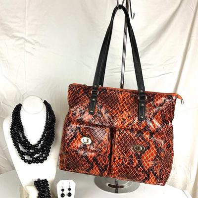 161 Orange Snakeskin Purse, Black Beaded Necklace, Bracelet and Earrings