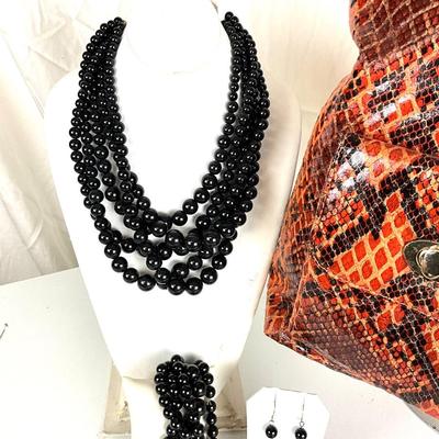 161 Orange Snakeskin Purse, Black Beaded Necklace, Bracelet and Earrings
