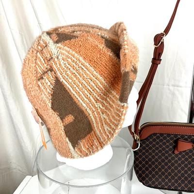 163 Knit Hat with Brown Leather Designer Style Purse, Boho Wood Fringed Earrings