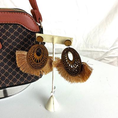 163 Knit Hat with Brown Leather Designer Style Purse, Boho Wood Fringed Earrings