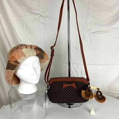 163 Knit Hat with Brown Leather Designer Style Purse, Boho Wood Fringed Earrings