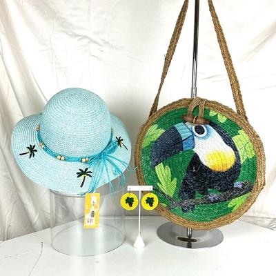 164 Palm Tree Hat with Toucan Jute Handbag , Beaded Palm Tree Earrings