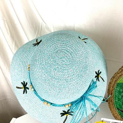 164 Palm Tree Hat with Toucan Jute Handbag , Beaded Palm Tree Earrings