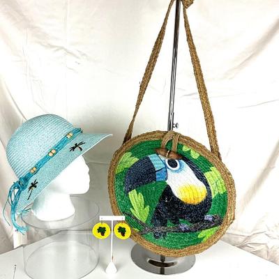 164 Palm Tree Hat with Toucan Jute Handbag , Beaded Palm Tree Earrings