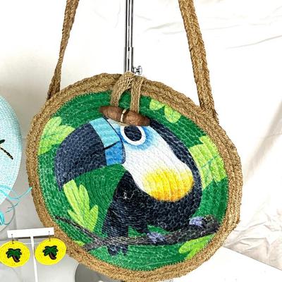 164 Palm Tree Hat with Toucan Jute Handbag , Beaded Palm Tree Earrings