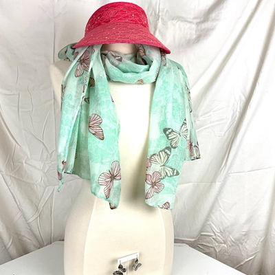 167 Butterfly Scarf, Earrings, Pink Visor and Silver Bracelet