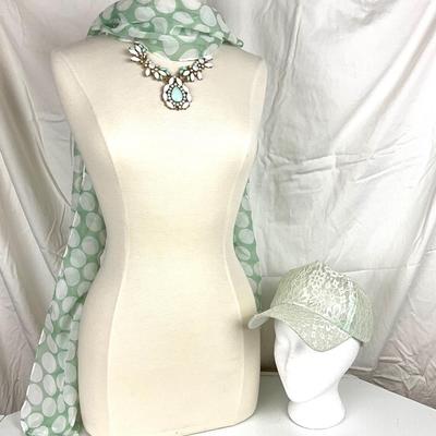168 Mint Green & White Polka Dot Scarf with Statement Necklace and Lace Cap