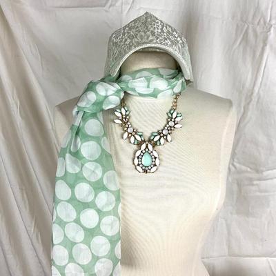 168 Mint Green & White Polka Dot Scarf with Statement Necklace and Lace Cap