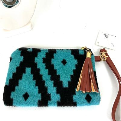 171 Turquoise and Black Aztec Clutch with Silver tone Necklace and Matching Earring Set