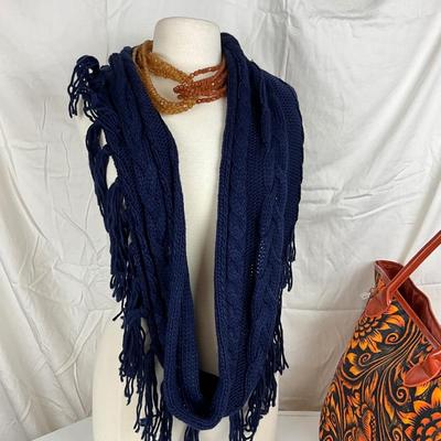 172 Dark Blue and Yellow Sunflower Tote with Knit Scarf and Orange Beaded Necklace