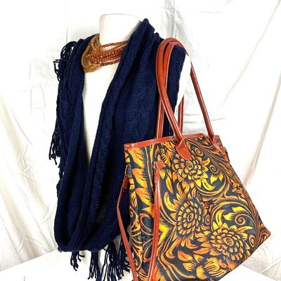 172 Dark Blue and Yellow Sunflower Tote with Knit Scarf and Orange Beaded Necklace