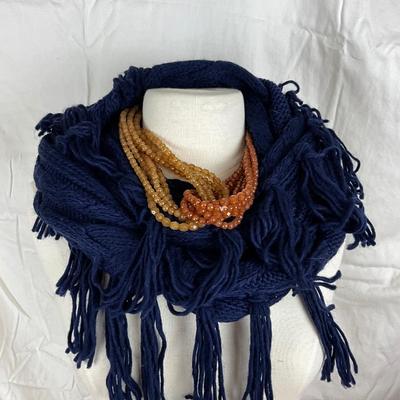 172 Dark Blue and Yellow Sunflower Tote with Knit Scarf and Orange Beaded Necklace