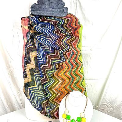 175 Multi Colored Scarf with Denim Hat, Yellow/Green/White Necklace