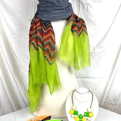 175 Multi Colored Scarf with Denim Hat, Yellow/Green/White Necklace