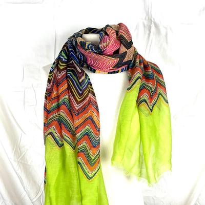 175 Multi Colored Scarf with Denim Hat, Yellow/Green/White Necklace