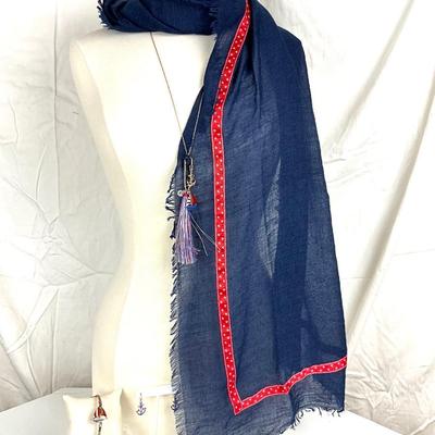 179 Navy Blue and Anchor Scarf with Sailboat Bracelet, Necklace, and Anchor Earrings